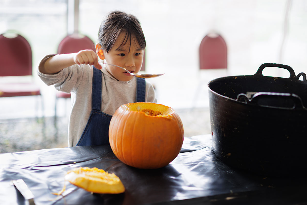Child scooping pumpkin guts with a spoon