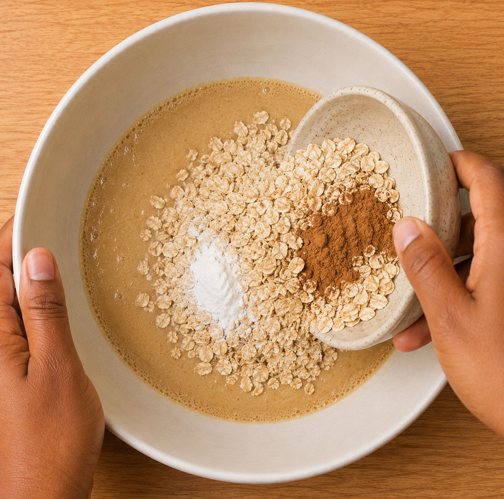 Adding-oats-and-cinnamon-to-muffin-batter
