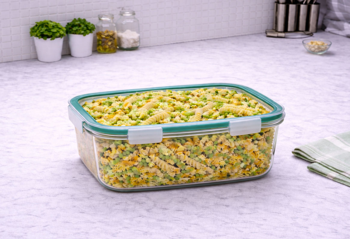 Sealed container of spiral pasta salad on counter