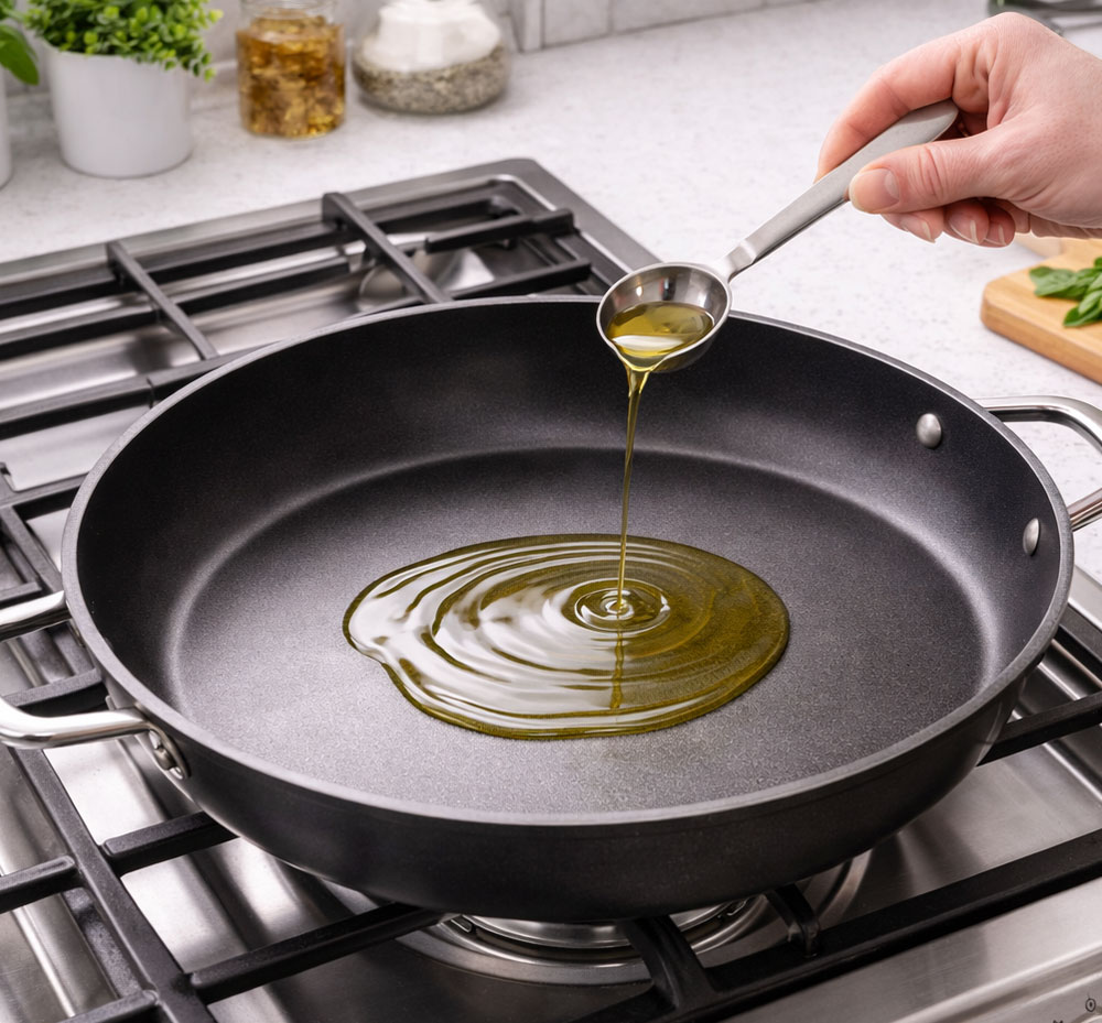 Hand pouring oil into a pan on stove