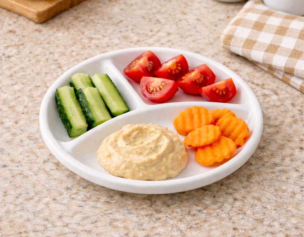 Plate with cucumbers, tomatoes, carrots and hummus