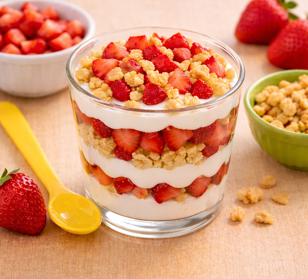 Strawberry yogurt parfait in glass cup