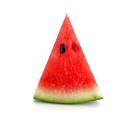 Watermelon slice with a black seed on top.