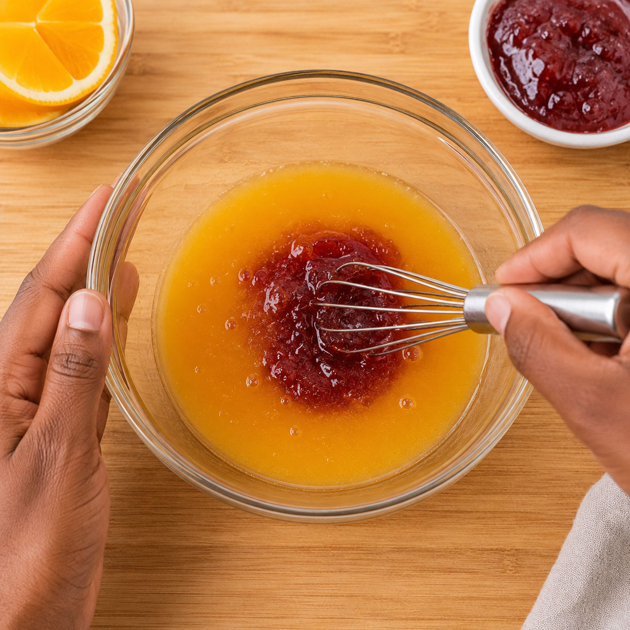 Mixing fruit preserves and orange juice in bowl