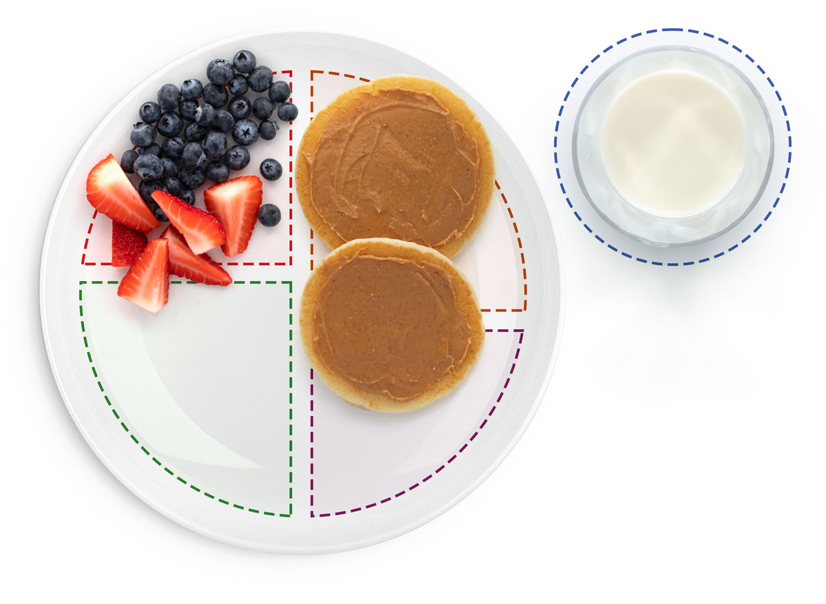 Mini <i>pancakes</i> con mantequilla de maní, moras azules y fresas picadas