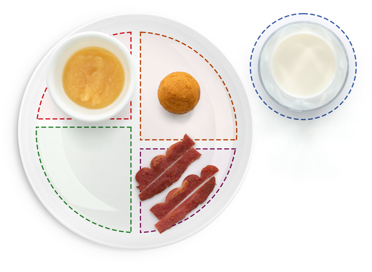 Tocino de pavo, mini <i>muffin</i> de calabaza y puré de manzana