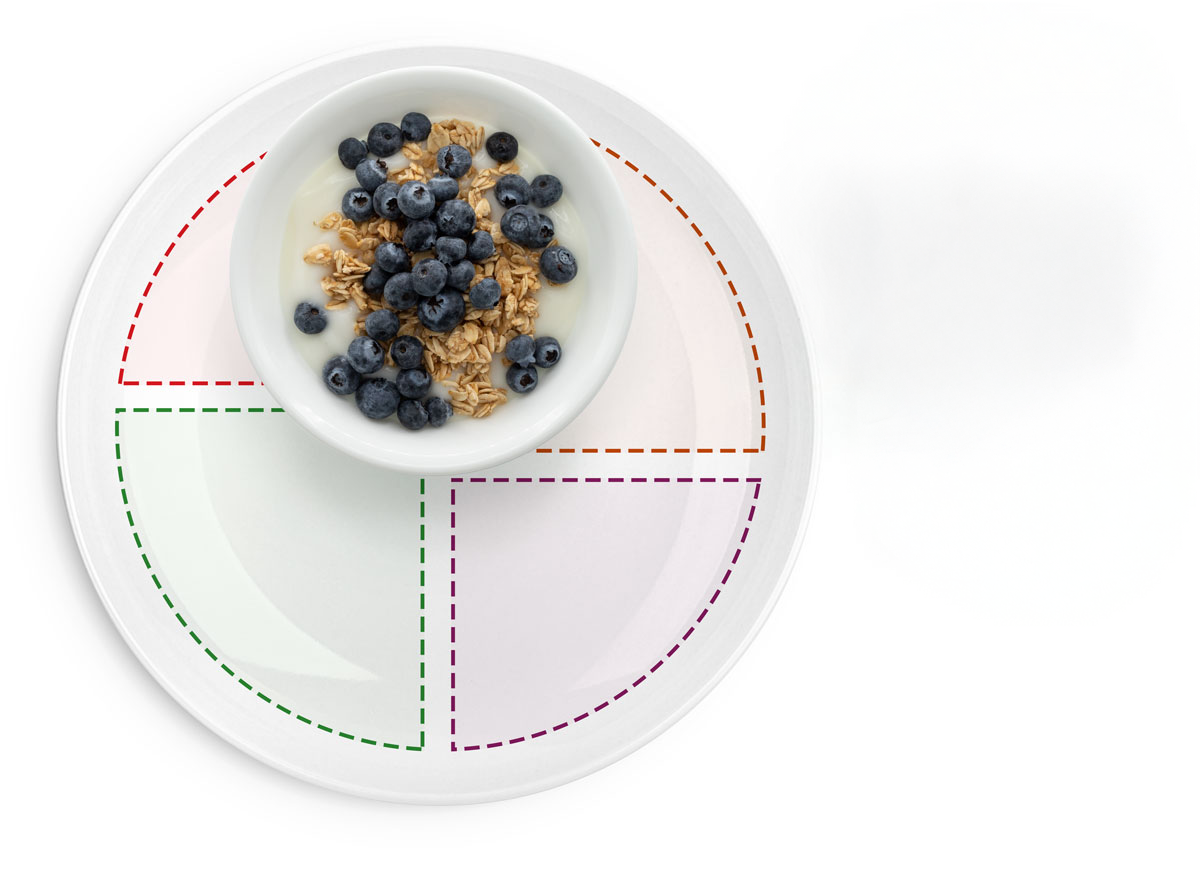 Yogur con granola, moras azules y leche